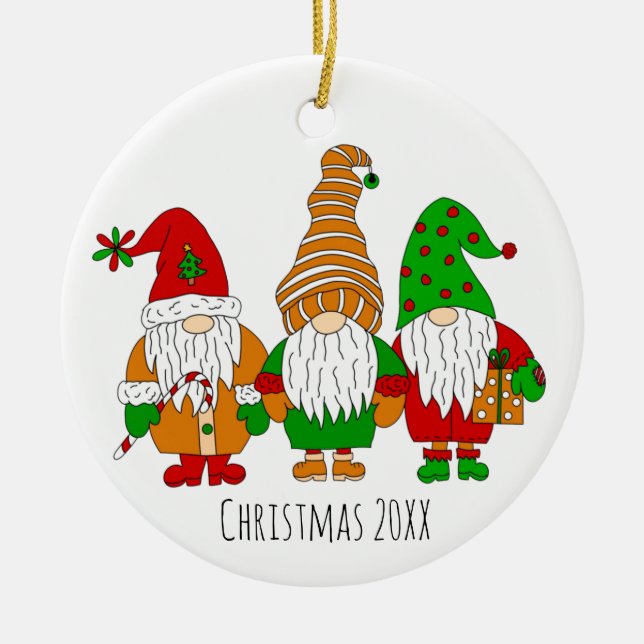 Three Cute Christmas Gnomes Personalised Holiday Ceramic Tree Decoration (Front)