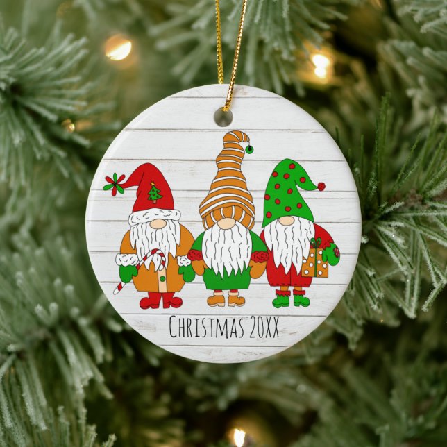Three Cute Christmas Gnomes Personalised Holiday   Ceramic Tree Decoration (Tree)