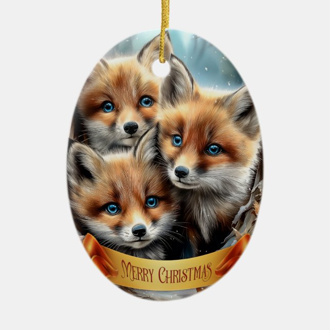 Three Cute Fox Cubs in Forest Ceramic Tree Decoration (Front)