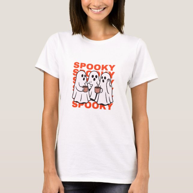 Three Cute Ghosts with Drinks – Cosy Halloween T-Shirt (Front)