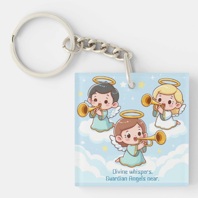 Three cute guardian angels playing trumpets key ring (Front)