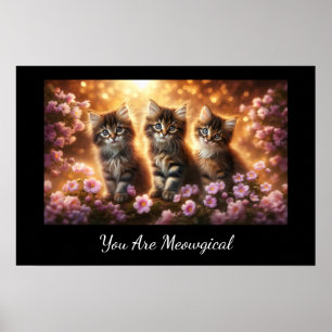 Three Cute Kittens with Pink Flowers Poster