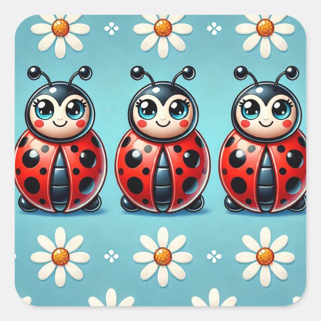 💙 Three Cute Ladybugs For Kids Decor Square Sticker (Front)