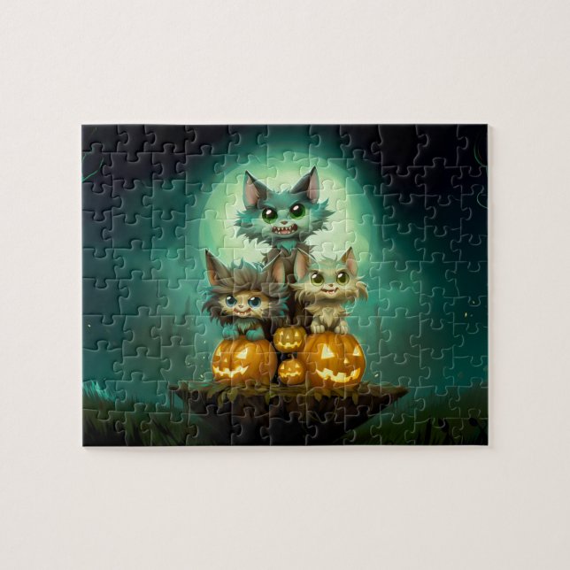 Three cute little wolf cubs are celebrating Hallow Jigsaw Puzzle (Horizontal)