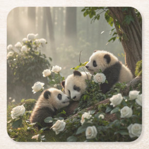 Three Cute Pandas Square Paper Coaster