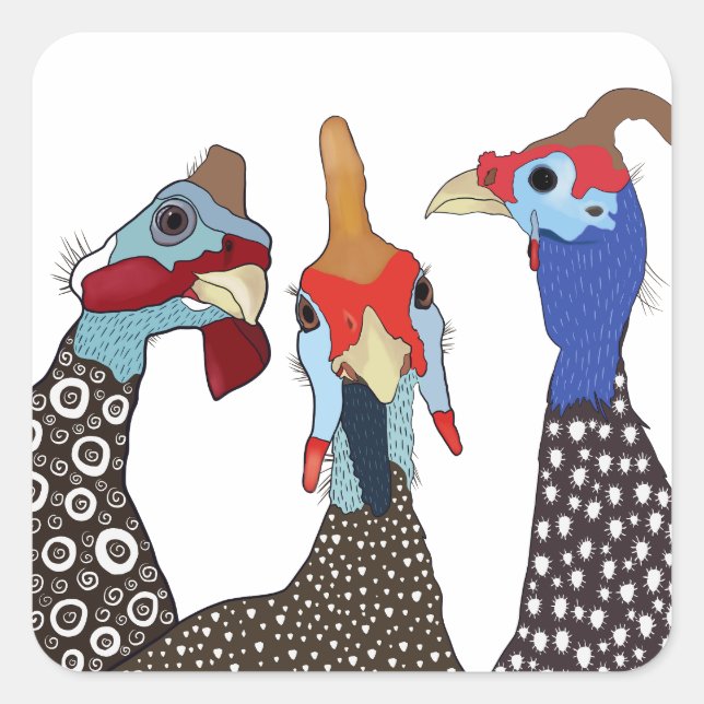 Three Cute Patterned Guinea Fowl Birds Square Sticker (Front)