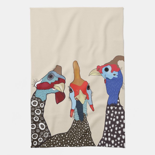 Three Cute Patterned Guinea Fowl Birds Tea Towel (Vertical)
