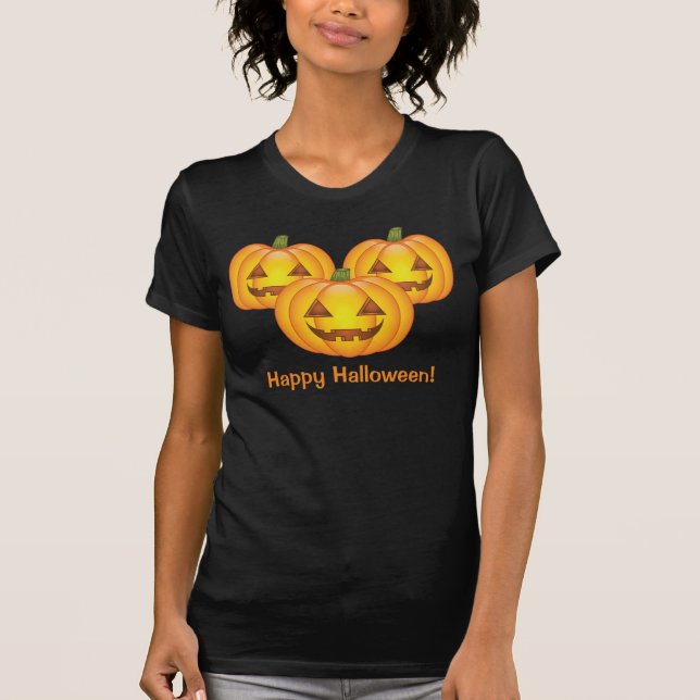 Three Cute Pumpkins With Happy Halloween Text T-Shirt (Front)