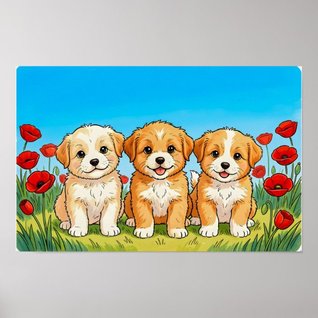 Three Cute Puppies & Red Poppies Poster (Front)