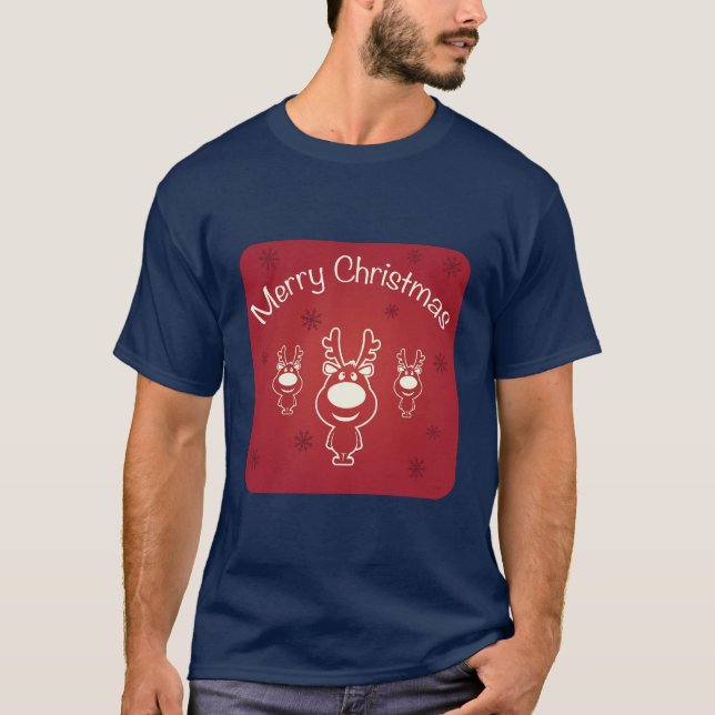 Three Cute Reindeer Merry Christmas T-Shirt (Front)