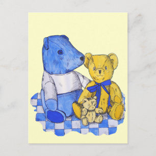 three cute teddies on picnic cloth for kids postcard