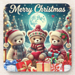 Three Cute Teddy Bears Merry Christmas Coaster