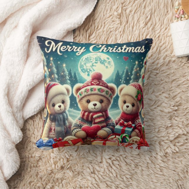 Three Cute Teddy Bears Merry Christmas Cushion (Blanket)