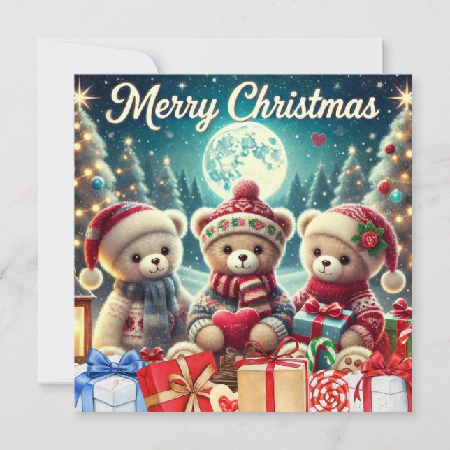 Three Cute Teddy Bears Merry Christmas  Holiday Card (Front)