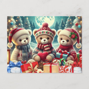 Three Cute Teddy Bears Merry Christmas Holiday Postcard