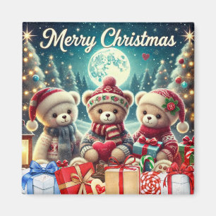 Three Cute Teddy Bears Merry Christmas Magnet