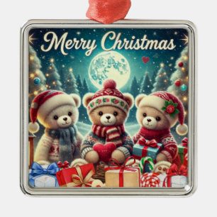 Three Cute Teddy Bears Merry Christmas Metal Tree Decoration