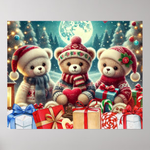 Three Cute Teddy Bears Merry Christmas Poster
