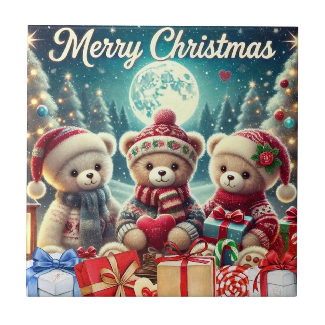 Three Cute Teddy Bears Merry Christmas  Tile (Front)