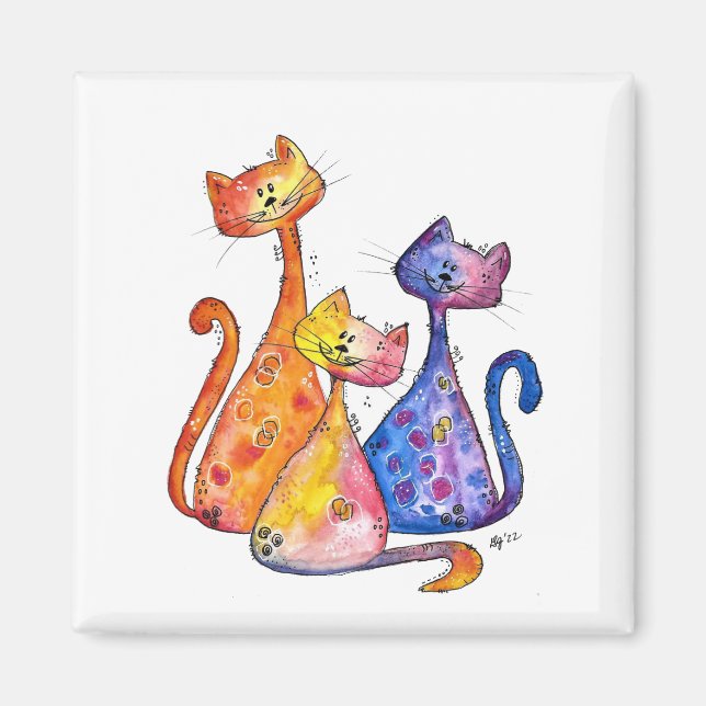 Three Cute Whimsical Cats Magnet (Front)