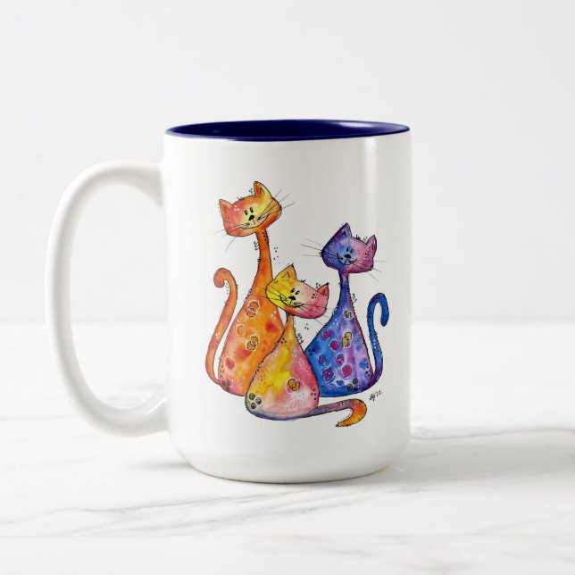 Three Cute Whimsical Cats Two-Tone Coffee Mug (Left)
