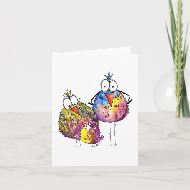 Three Cute Whimsical Colourful Birds Card (Front)