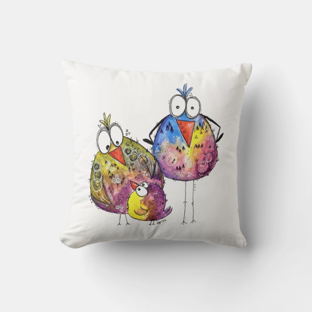 Three Cute Whimsical Colourful Birds Cushion (Front)