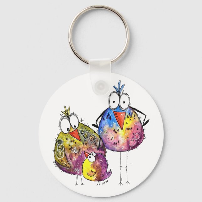 Three Cute Whimsical Colourful Birds Key Ring (Front)