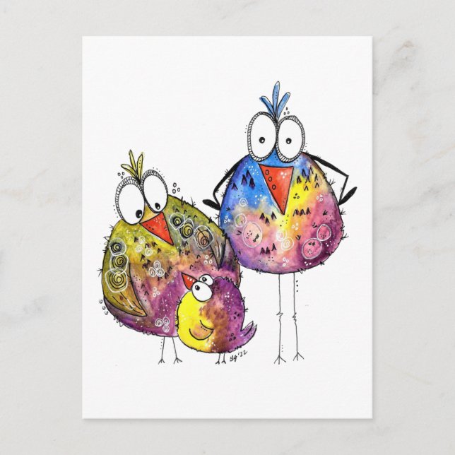 Three Cute Whimsical Colourful Birds Postcard (Front)