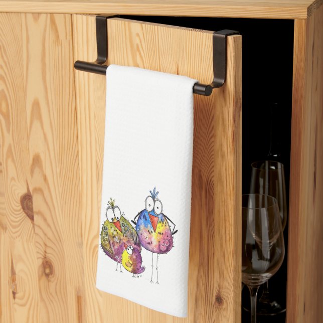 Three Cute Whimsical Colourful Birds Tea Towel (Thirds Fold)