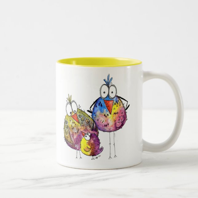 Three Cute Whimsical Colourful Birds Two-Tone Coffee Mug (Right)