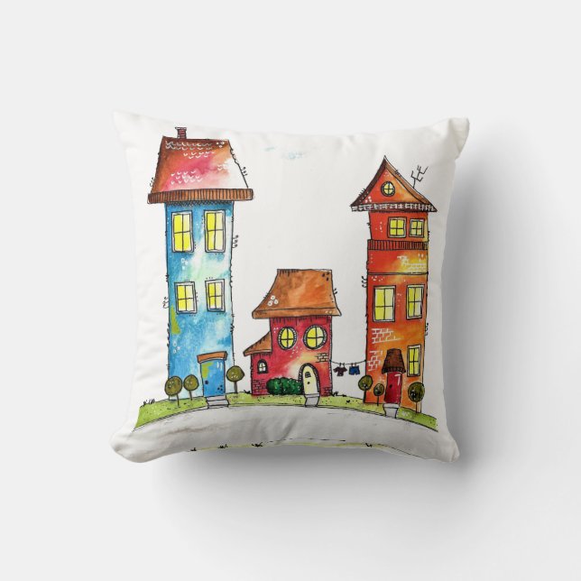 Three Cute Whimsical Houses Cushion (Front)