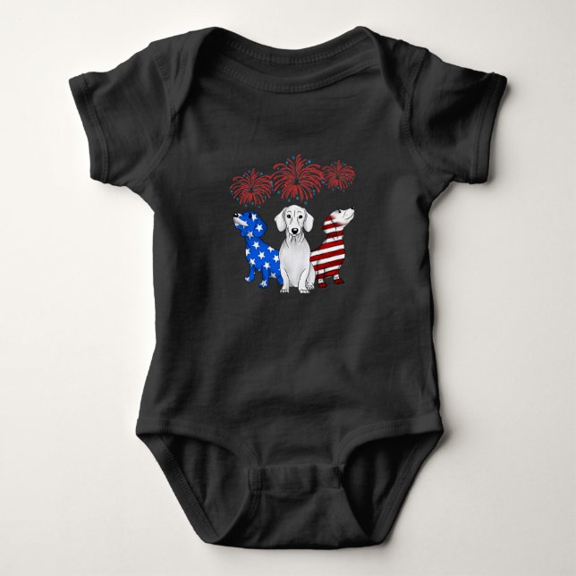 Three Dachshunds American Flag Colour 4Th Of July Baby Bodysuit (Front)