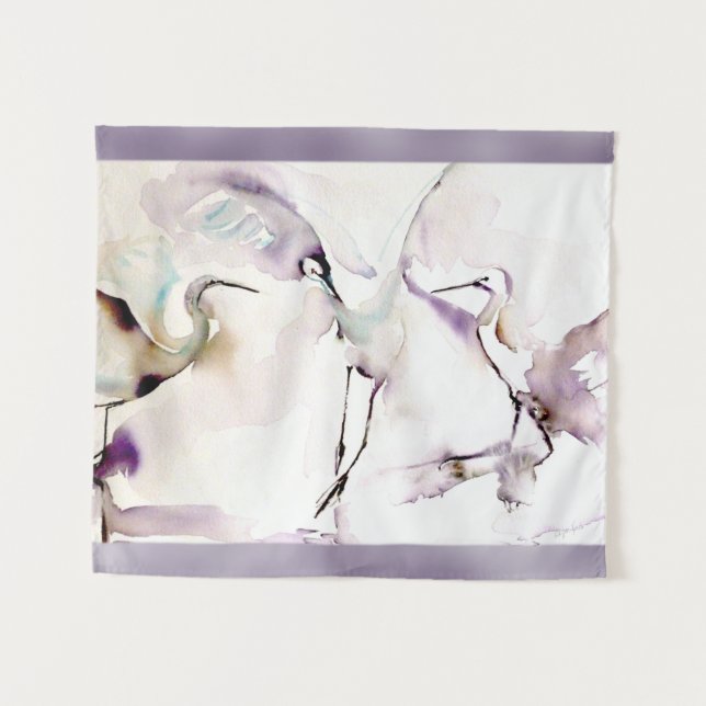 "Three Dancing Cranes" Watercolor Tapestry (Front (Horizontal))