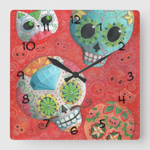 Three Day of The Dead Skulls Square Wall Clock