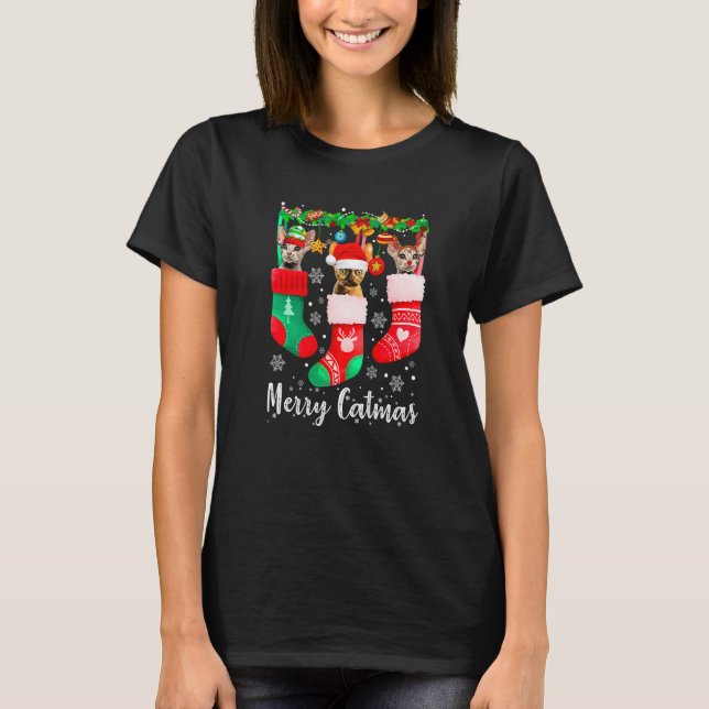 Three Devon Rex Cat In Sock  Cat Merry Catmas T-Shirt (Front)