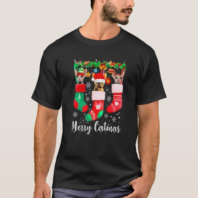 Three Devon Rex Cat In Sock  Cat Merry Catmas T-Shirt (Front)