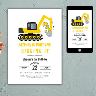  Three & Digging it Construction 3rd Birthday  Invitation