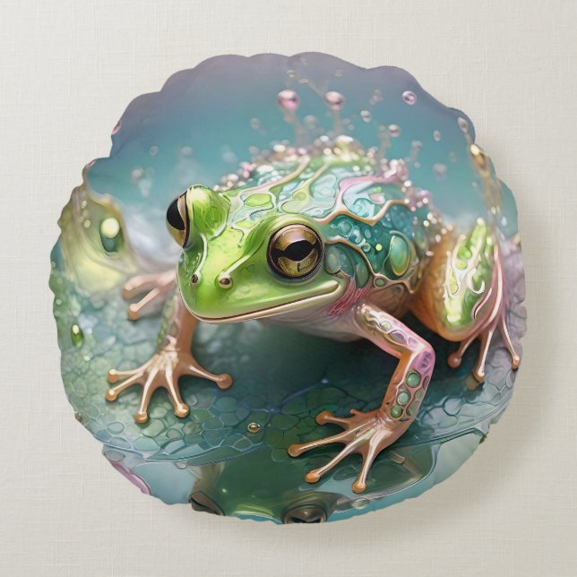 Three Dimensional Green Fractal Art Frog, Round Cushion (Front)