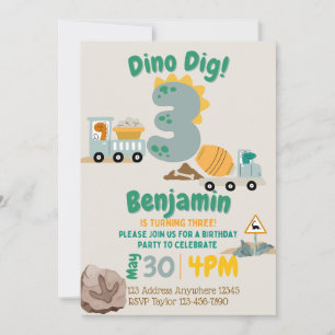 Three Dino Dig Dinosaur Construction 3rd Birthday Invitation