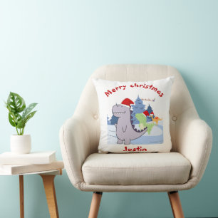 three dinosaurs christmas gift, personalised name cushion
