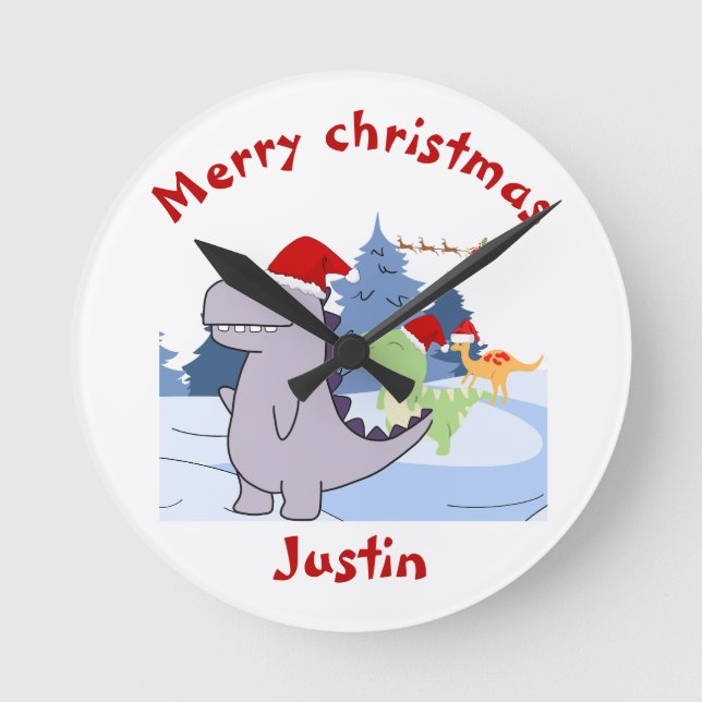 three dinosaurs christmas gift, personalised name  round clock (Front)
