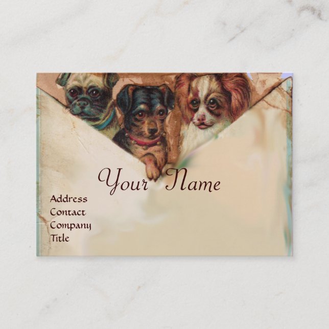 THREE DOGGIES WITH ROSES, Parchment,Monogram Business Card (Front)