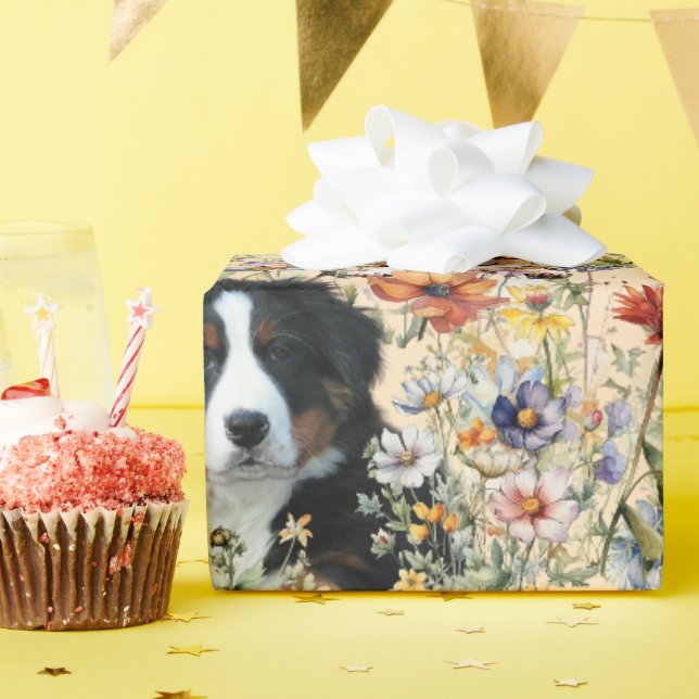Three Dogs in Wildflowers Seamless  Wrapping Paper (Birthday Party)