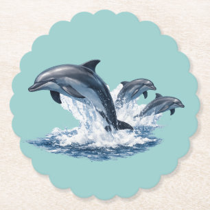 Three Dolphins Jumping, Ocean Life Hat Design Paper Coaster