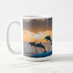 Three Dolphins Leaping At Sunset, Coffee Mug