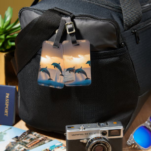 Three Dolphins Leaping At Sunset, Luggage Tag