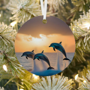 Three Dolphins Leaping At Sunset, Metal Tree Decoration