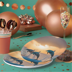 Three Dolphins Leaping At Sunset, Paper Plate