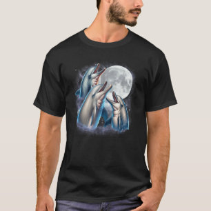 Three Dolphins Moon Funny Dolphin Howling Wolfs Mo T-Shirt